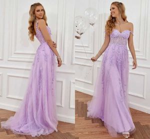 Runway Dresses Tulle Formal Prom Gown Long Shr Boning Bodice Shoulders Floral Applique Skirt Leg Slit Prom Formal Gala Dress Evening Party T240518