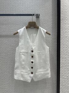 여자 정장 2024Spring 여름 흰색 면화 린넨 V- 넥 허리 조끼 여성 소매 복장 재킷 여성 패션 의류 통근 복장