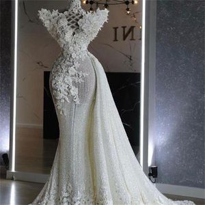 2022 Stylish Mermaid Wedding Dress with Detachable Train Sequined Lace Floral Appliques Bridal Gowns Elegant vestido de novia 271C