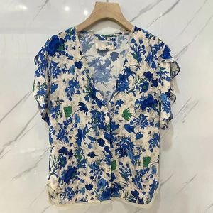 Women's Blouses Aich Mirror Flower Letter Graphic Print Women Shirt Summer V-Neck Short Sleeve Buttons Lady Pullover Classic Casual Femme