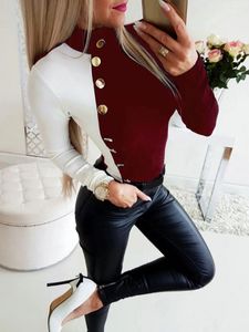 Women's Polos Outfits For Women 2024 Autumn Tops Fashion Simple Colorblock High Neck Long Sleeves Sexiest Bodysuit