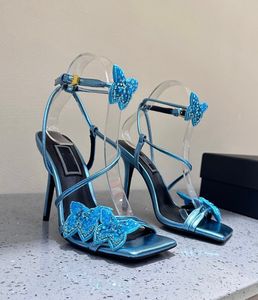 Dua Lipa Women Butterfly Sandals Buty eleganckie satynowe obcasy gladiator sandalias różowy czarny niebieski dama wysokie obcasy ślubne przyjęcie weselne EU35-42