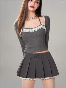 Saias roupas de verão Mulheres 2024 Mini preto para mulher coreana Fashion White Lace TRIM Y2K PLITED CARTO HIGH SUBTIL
