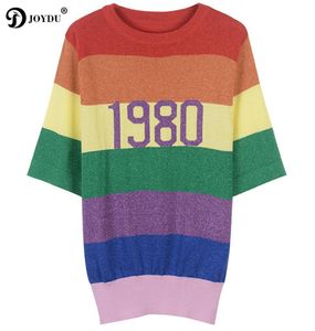 2018 New Runway Design 1980 니트 여름 Top T 셔츠 빈티지 Tshirt for Women Rainbow Striped Harajuku Chic Female Tshirt8797376