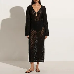 Kvinnor virkning Long Beach Maxi Dress Sleeve V Neck Keyhole Front Hollow Out Swimsuit Cover Ups Female Bathing Suit