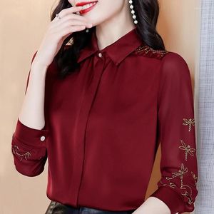 여자 폴로 폴로 긴 소매 자수 시폰 블라우스 셔츠 여성 Mujer de Moda 2024 COLLAR TOPS BLUSA E26