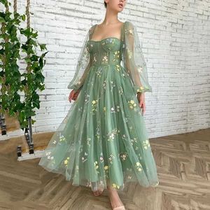 Runway Dresses Sage GRN A-Line Evening Dresses Colorful Flowers Applices Half Slve Fairy Prom Gown Ankle Long Long Cocktail Party Dress T240518