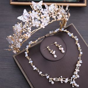 Luxury Crystal Beads Pearl Butterfly Costume Smycken Set Floral Choker Halsbandörhängen Tiara Wedding Set 240506