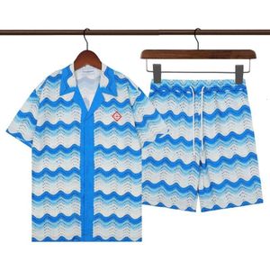 Casablanca herrspårar Summer Mens Shirt Fashion Label Wave Blue and White Color Block Print Beach Casual Shorts Short Designer Casa Blanca 0RJV