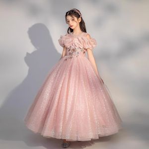 2024 Kids Formal Wear Elegant Birthday Dress Off Shoulder Princess Ball Gown Flower Girl Dresses For Wedding Tutu Söt prinsessan Kids klänning Pink Pequined Pageant -klänningar