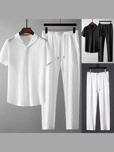 Herrspårar Mens T-shirt+Casual Soft Loose Pants Set Mens 2024 Summer Fashionable Pure Cotton Quick Tork Set J240510