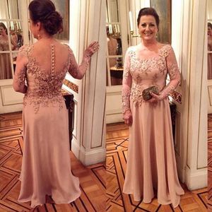 2021 Blush Pink Mother Of The Bride Dresses Jewel Neck Lace Appliques Flowers Illusion Satin Long Sleeves Evening Dress Wedding Guest D 282n