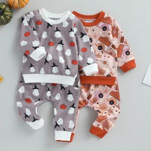 Roupas conjuntos de roupas outono meninas meninos halloween roupas de forma infantil de moda de moda miadina infantil de pães de abóbora tampas calças 2pcs