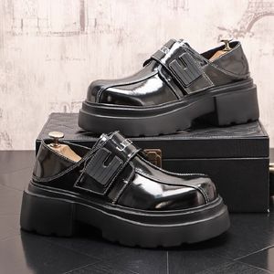 British Men's Black Retro Thick Bottom Patent Leather Shoes Male Wedding Groom Dress Homecoming Flats Footwear 1A19
