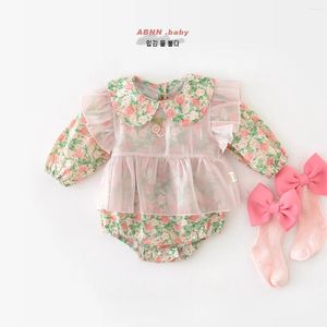 Conjuntos de roupas Primavera 2024 Meninas coreanas 2pcs Roupas doces doces florestas de algodão Romadores estampados completos Tulle Vest Suit infantil roupas infantis