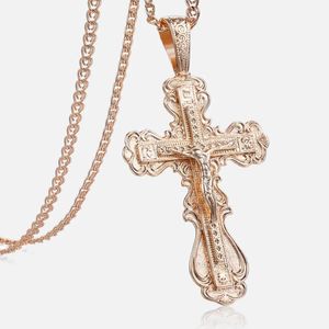 585 colar de pendente de ouro rosa para homens Crucifixo Crucifixo Jesus charme CZ CENDENTE PENENTE DE LINK 50/60CM