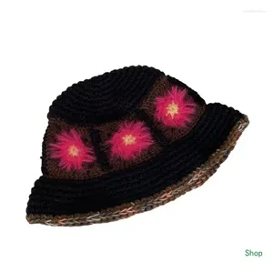 Berets Dropship Crochet Color Matching Bucket Hat With Floral Pattern Fisherman For Girls