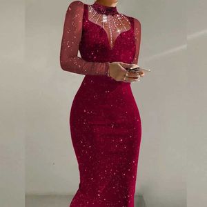 Runway Dresses Luxury Sparkle Women Slim Bodycon aftonklänning Sexig Guaze S genom rak festklänning Fashion Long Slves Robe de Soire T240518