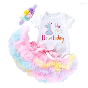 Zestawy odzieży 2024 Baby Birthday One-letni garnitur 1-słowowy krótki rękawoeved Harem Princess Sukienka 3-częściowy zestaw ubrań dla dziewcząt