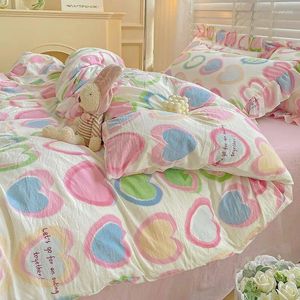 Set di biancheria da letto set in stile principessa corena coperta floreale coperta di cotone lavato flace foglio piatto da cuscino da cuscino per adulti lino rosa