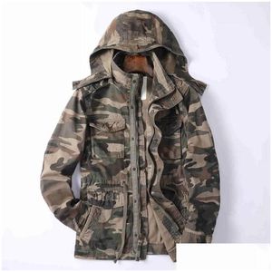 Mensjackor Hösten Casual Jacket med Hood Safari Style Camouflage Hoodie Mti Pocket Spring Speat Handing Drop Delivery Apparel Cloth DHJSU