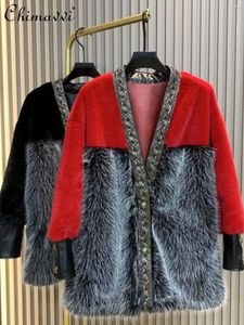 Frauenfell Winterkleidung Europäische Mode Faux integrierte Jacke leichter Luxus losen fit-warmer rotes Toka Eleganter Mantel