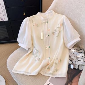 Bluzki damskie szyfon chiński w chińskim stylu koszula Summer vintage haft luźne krótkie rękawy kobiety top moda ubrania ycmyunyan