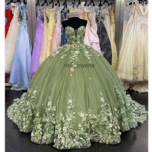 활주로 드레스 고급 녹색 Quinceanera 2023 3d Floral Ball Gown 무도회 드레스 가면 무도회 달콤한 15 년 생일 졸업
