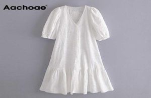 Aachoae Chic Flollal Embroidery Midi Dress Women v Neck Puff Slee Sweet Dresses Ladies Elegant A Line White Cotton Dress 2106088577986