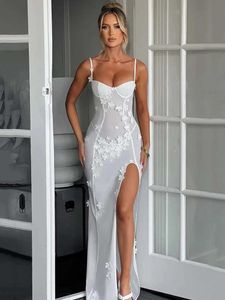 Runway Dresses Mozision Elegant Shr Mesh Sexy Maxi Dress For Women White S Through Spaghetti Strap Slveless Thigh High Split Long Dress T240518