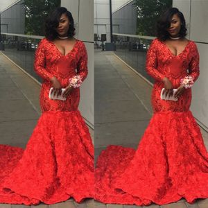 Röda långa ärmar prom klänningar V Neck 3D Rose Flowers Sweep Train Mermaid aftonklänningar Anpassad storlek Celebrity Party Dress 324e
