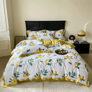 Svetanya gul citronfrukt färsk sängkläder set satin egyptisk bomull täcke täcke set queen king size linnen kudde cases240513