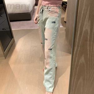 Kvinnors jeans designer miu färg blockering av broderade brev jeans för kvinnors vår/sommar ny hög midja lös och bantande raka ben breda långa byxor i