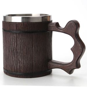 텀블러 크리에이티브 시뮬레이션 목재 버킷 컵 수지 스테인레스 스틸 내부 라이너 머그잔 물 맥주 커피 커피 H240518