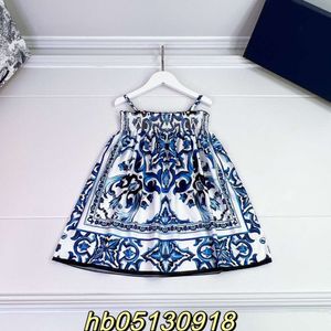 Barnklänningar Summer Line Girls 'Beach Resort Style Temperament Ladies' Full Print Blue White Porcelain Totem Sling Dress