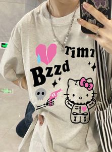 Branda Guo Chao Retro Cartoon Skull Cat Camiseta curta T-shirt Summer feminino Summer Loose de tamanho grande maré de alta qualidade