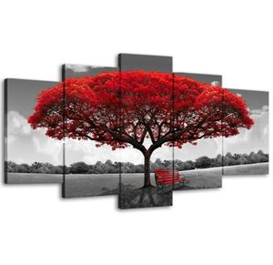 Amosi Art5パネル赤い木キャンバスペインティングウォールアートランドスケープアートワークプリントリビングルームベッドルームの家の装飾木製の額入りRea61186224