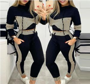 Spring Autumn Women Two Piece Pants set casual tracksuits fashion Black plaid printed hooded sweatshirt and pants ladies sport sui7295612