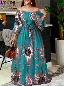 Runway Dresses Elegant Party Dress 2024 Vonda Women Autumn Sexy Off Shoulder Long Slve Dress Bohemian Sundress Belted Vintage Maxi Robe Femme T240518