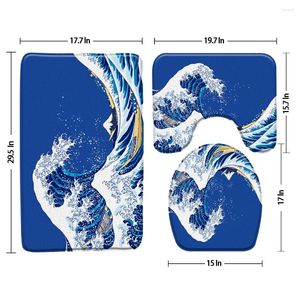 Bath Mats Big Waves Mat Blue Background Bathroom 3-Piece Set Shower Rugs Toilet Cover Carpet U-Shaped Pad Products