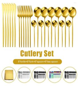 Platthandelte Sets 24PCS Gold Dinnerwaren Set Edelstahl Tabelle Messer Fork Löffel Abendessen Luxus Besteck Küche 4701522