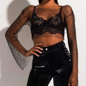 FestivalQueen Bling Crystal Hollow Out Fishnet Grid camise