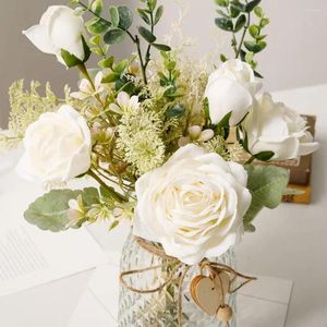 Decorative Flowers Simulation White Rose Flower Decoration Pastoral Style Flexible Stem Bouquet Faux Silk Arrangement Home Wedding Decor