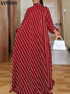 Plusstorleksklänningar plus storlek 5xl Vonda elegant randig maxi klänning kvinnor hög hals elegant lång sundress lång puff slve tryckt vestidos t240518