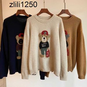 Love Soft Cute Cartoon Little Bear Jacquard Wool Blended Knitted Loose Round Neck Sweater Autumnwinter