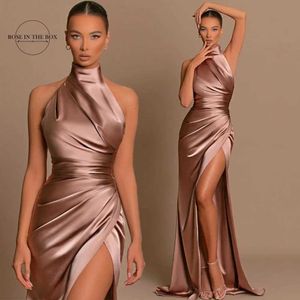 Runway Dresses Elegant Long Mermaid Prom Dresses with Slit 2024 African High Neck Pleated Satin Formal Occasion Evening Party Gowns For Women T240518