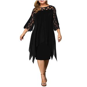 Vestidos casuais básicos vestidos de tamanho mulheres malha chiffon hollow out size de plus size de tamanho novo moda feminina simples outono/inverno 2023 y240515