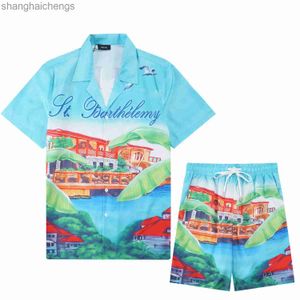 original 1to1 brand luxury amirirs short sets summer high grade breathable set shirt landscape oil painting print youth casual beach short sleeved shirt sports suit