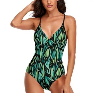 Kvinnors badkläder Green Leaf Swimsuit Plants Print Novelty One Piece Printed Bodysuit Women Push Up Bathing Suits Sexy Deep V Beach Wear