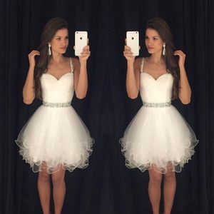 2019 Little White Homecoming Dresses Spaghetti Straps With Beads Tulle Cocktail Dresses Formal Party Dresses Prom Bowns for Women 284m